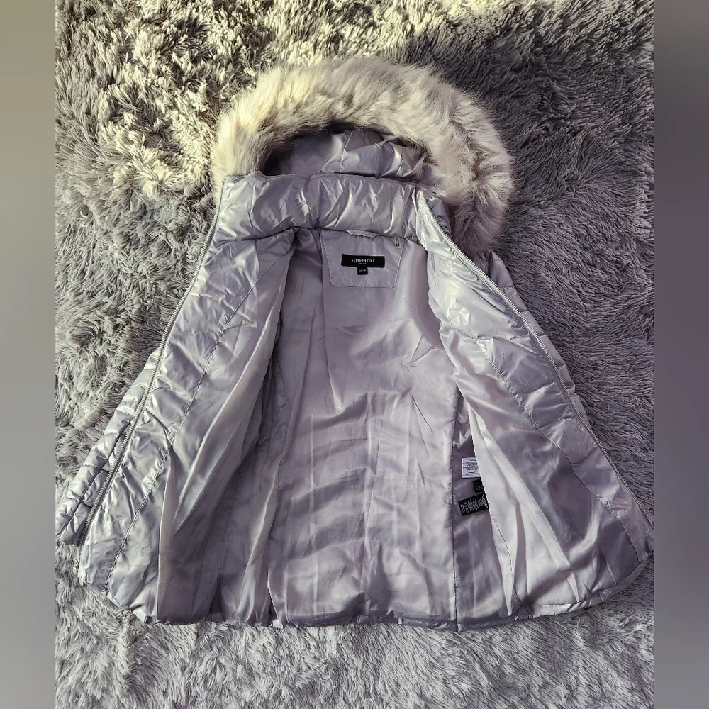 Silver Quilted Puffer Jacket with Faux Fur Hood